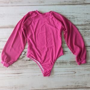 Shein Long Puff Sleeve Open Back Swimsuit Fuchsia Pink sz XLarge